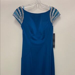 Elegant Blue Dress with Embellished Sleeves